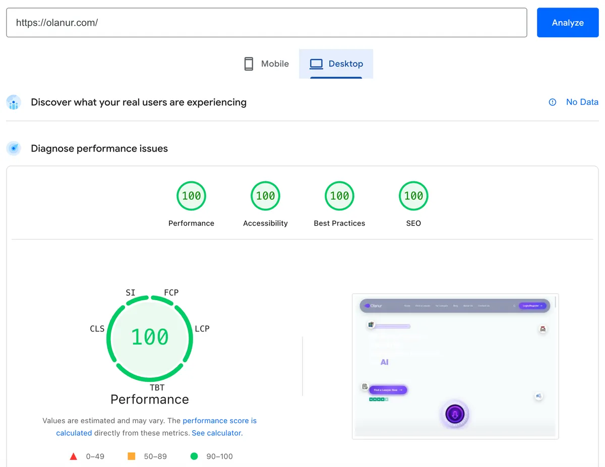 Olanur AI Matching Platform - Google PageSpeed Insights Desktop showing a perfect 100 score for Performance, Accessibility, Best Practices, and SEO