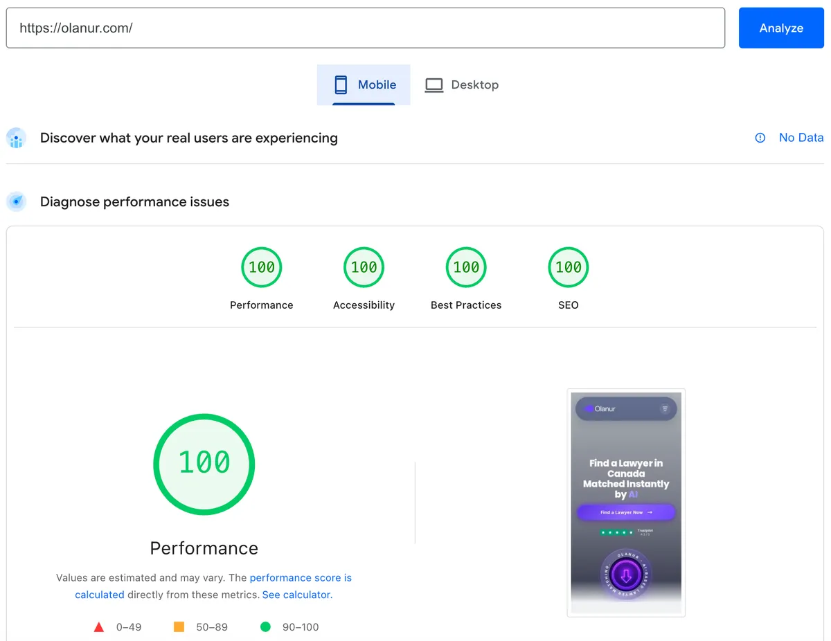 Olanur AI Matching Platform - Google PageSpeed Insights Mobile showing a perfect 100 score for Performance, Accessibility, Best Practices, and SEO